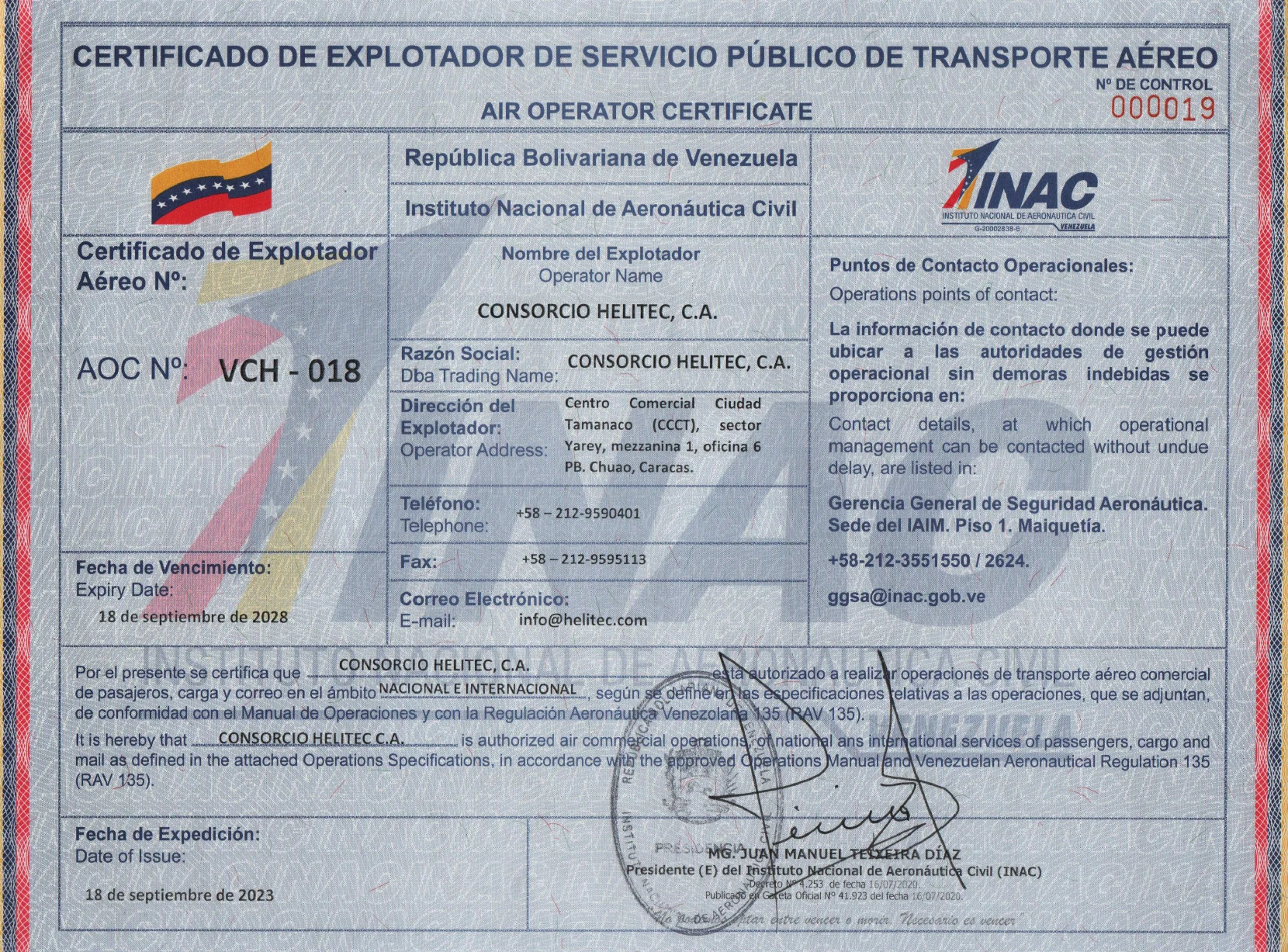 Certificado de Operador Aéreo — INAC Venezuela