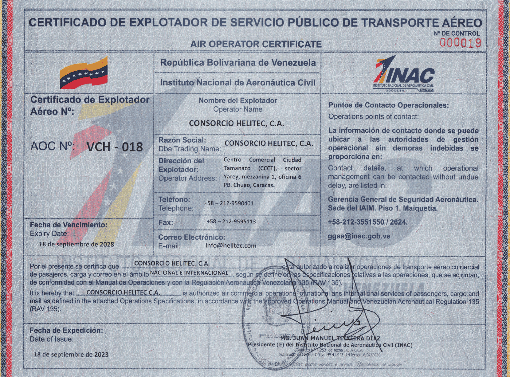 Certificado de Operador Aéreo — INAC Venezuela
